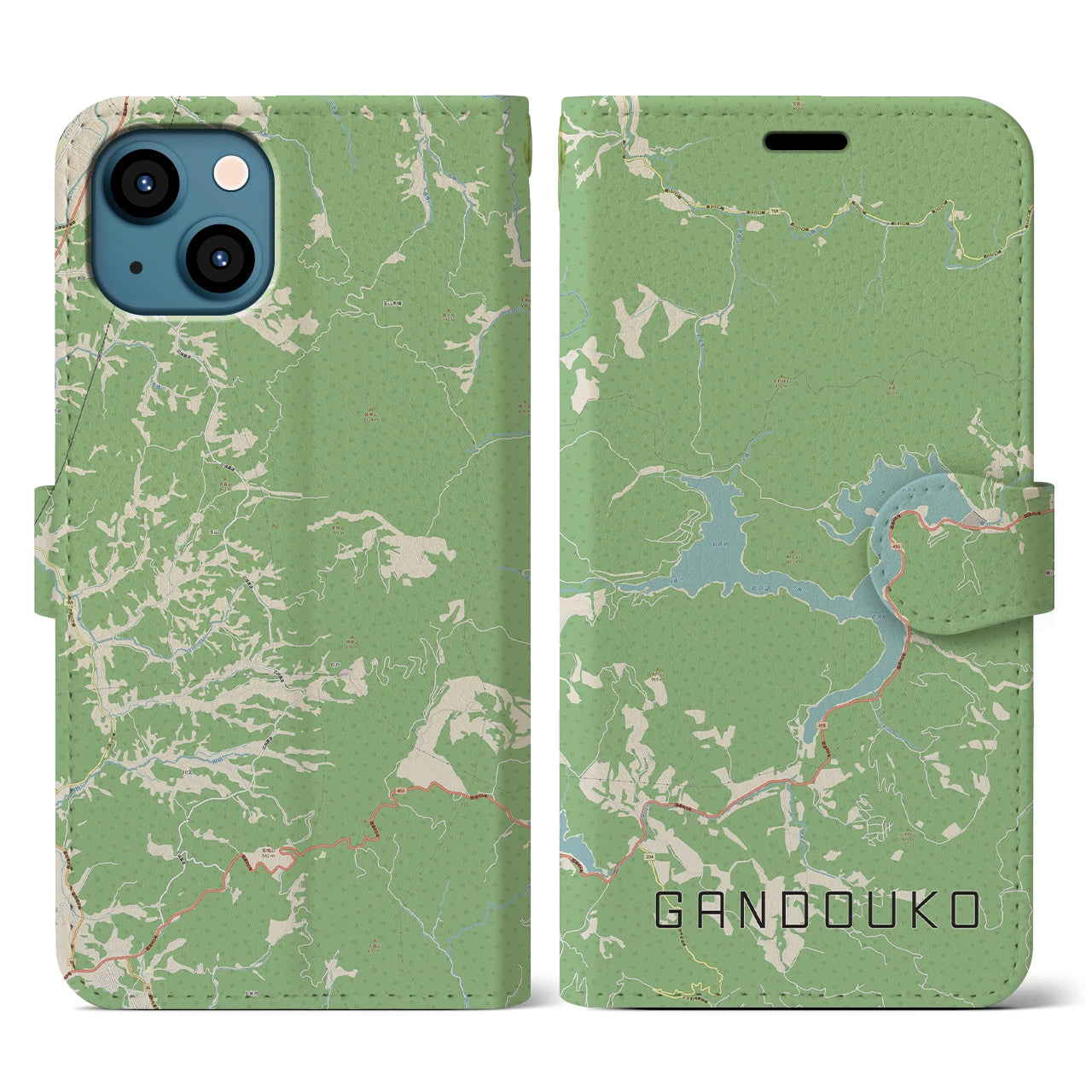 【岩洞湖(岩手県)】地図柄iPhoneケース(手帳タイプ)ナチュラル・iPhone 13 用