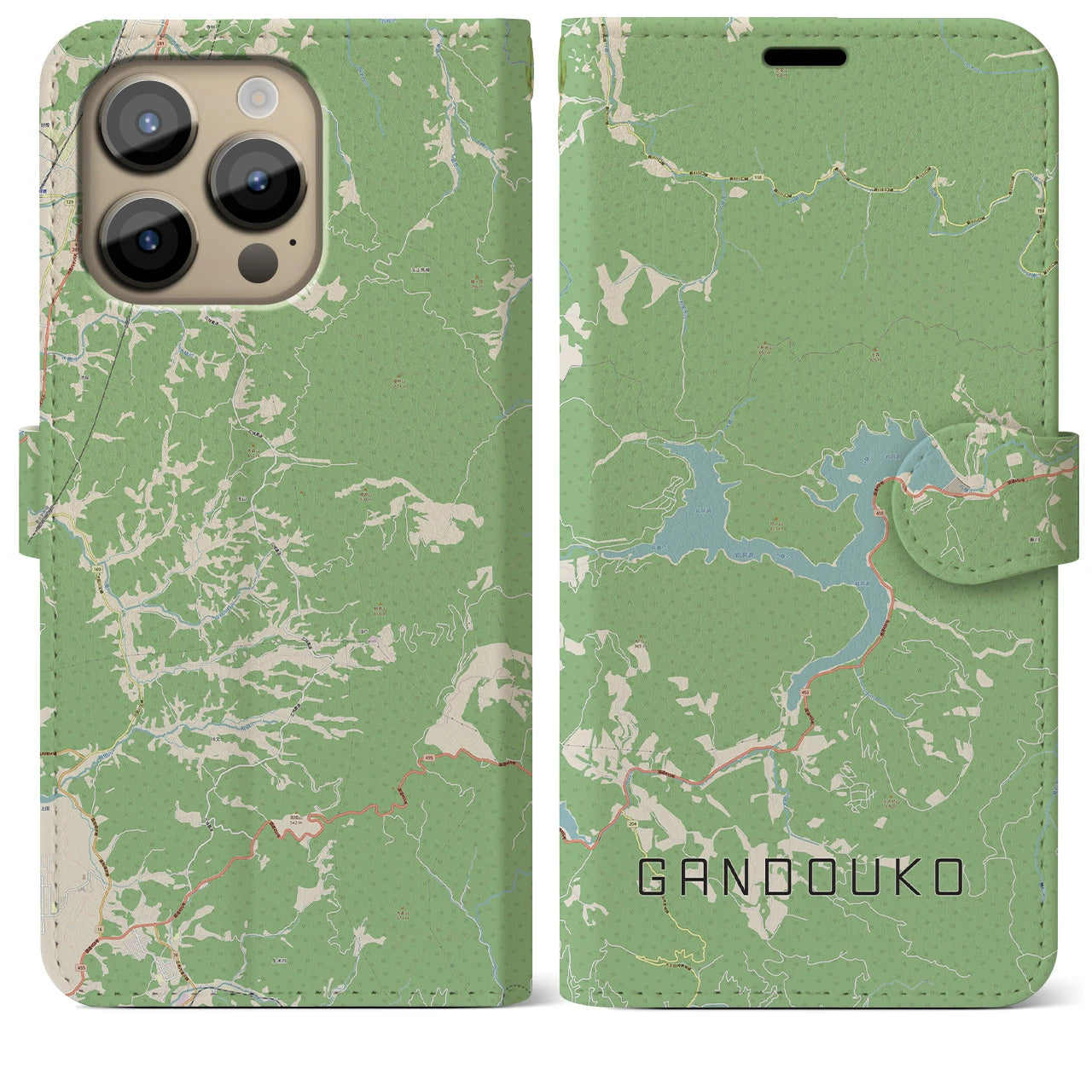 【岩洞湖(岩手県)】地図柄iPhoneケース(手帳タイプ)ナチュラル・iPhone 14 Pro Max 用