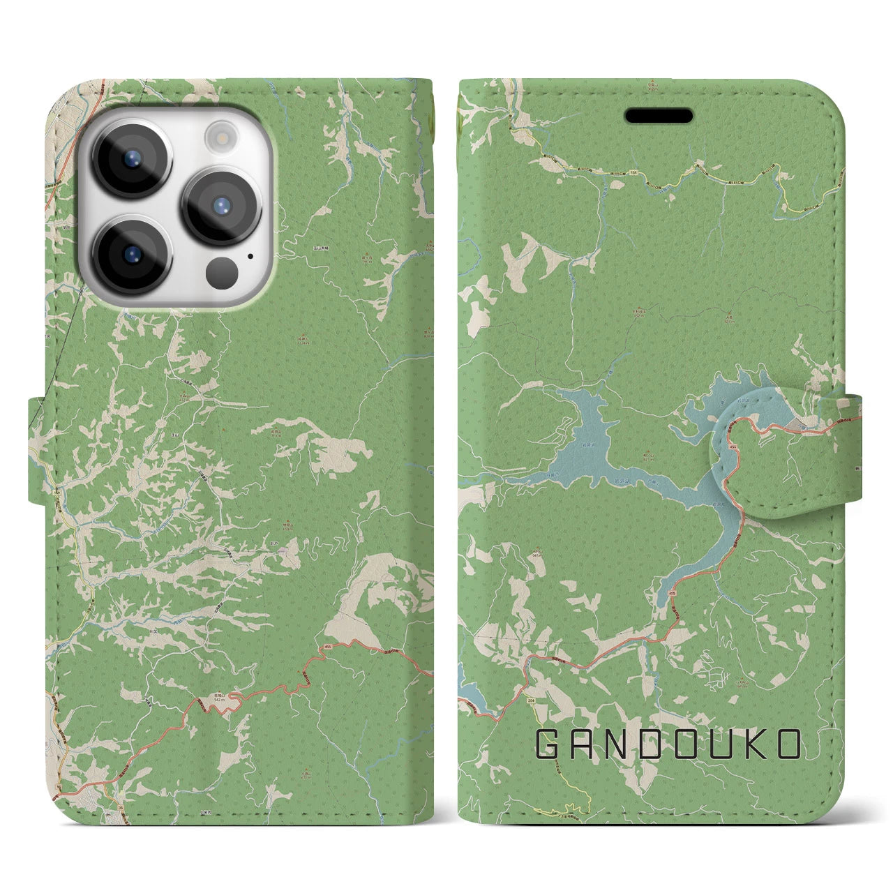 【岩洞湖(岩手県)】地図柄iPhoneケース(手帳タイプ)ナチュラル・iPhone 14 Pro 用
