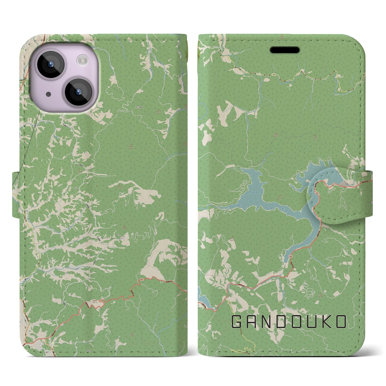 【岩洞湖(岩手県)】地図柄iPhoneケース(手帳タイプ)ナチュラル・iPhone 14 用