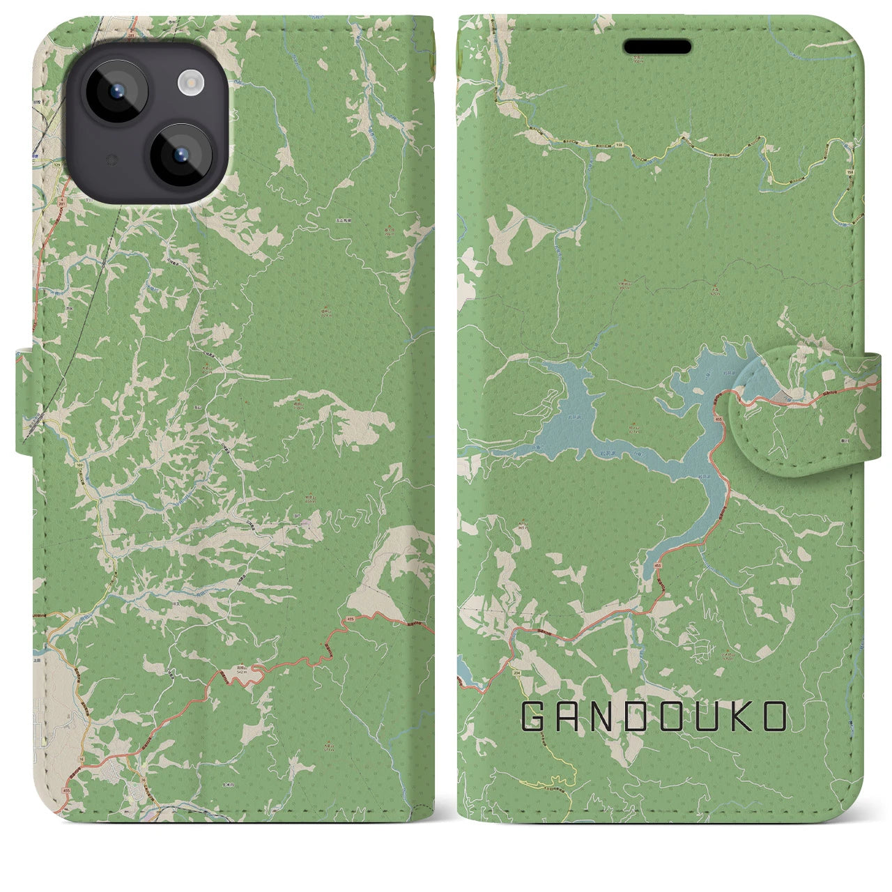 【岩洞湖(岩手県)】地図柄iPhoneケース(手帳タイプ)ナチュラル・iPhone 14 Plus 用