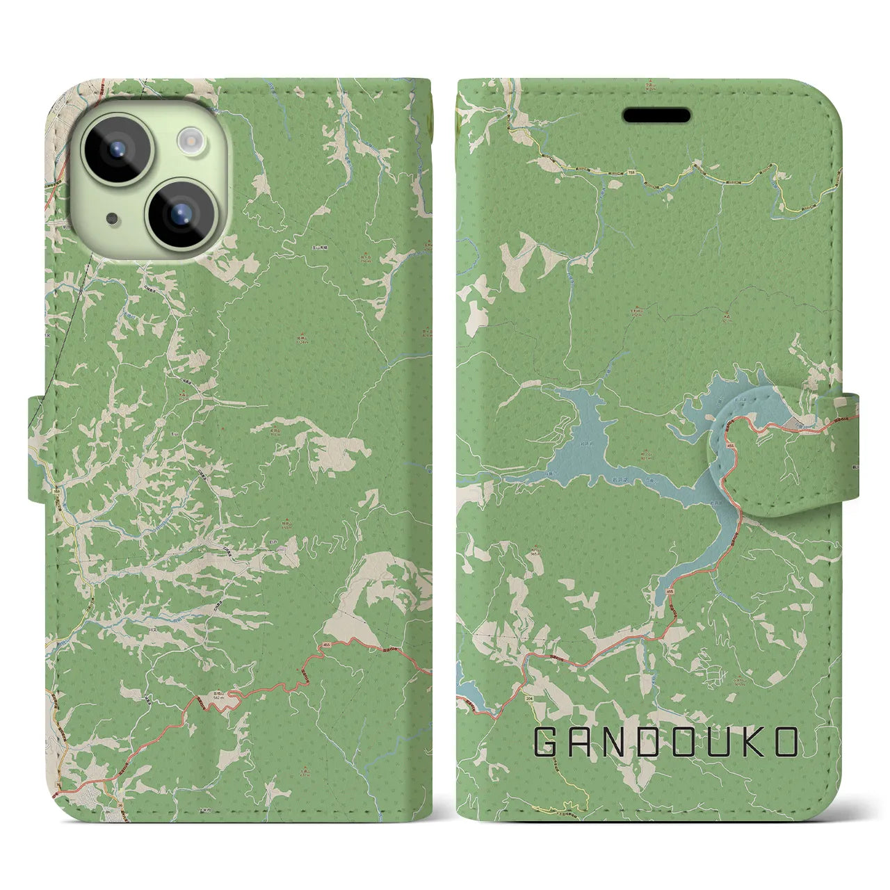 【岩洞湖(岩手県)】地図柄iPhoneケース(手帳タイプ)ナチュラル・iPhone 15 用
