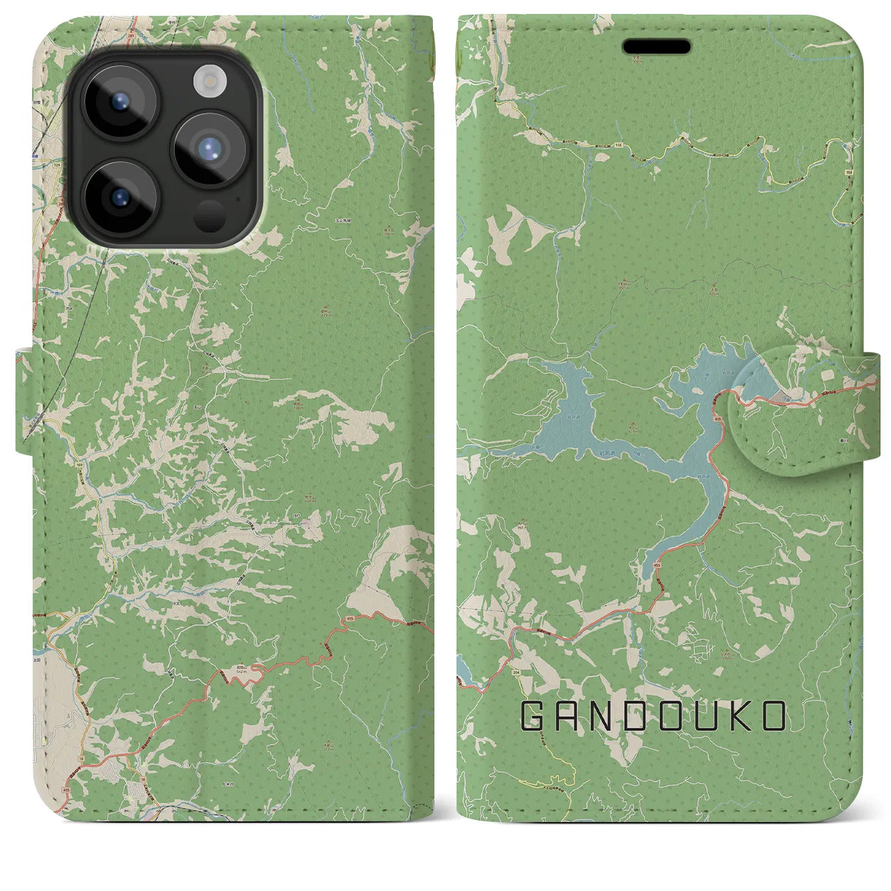 【岩洞湖(岩手県)】地図柄iPhoneケース(手帳タイプ)ナチュラル・iPhone 15 Pro Max 用