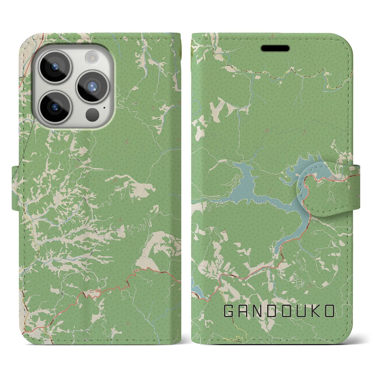 【岩洞湖(岩手県)】地図柄iPhoneケース(手帳タイプ)ナチュラル・iPhone 15 Pro 用