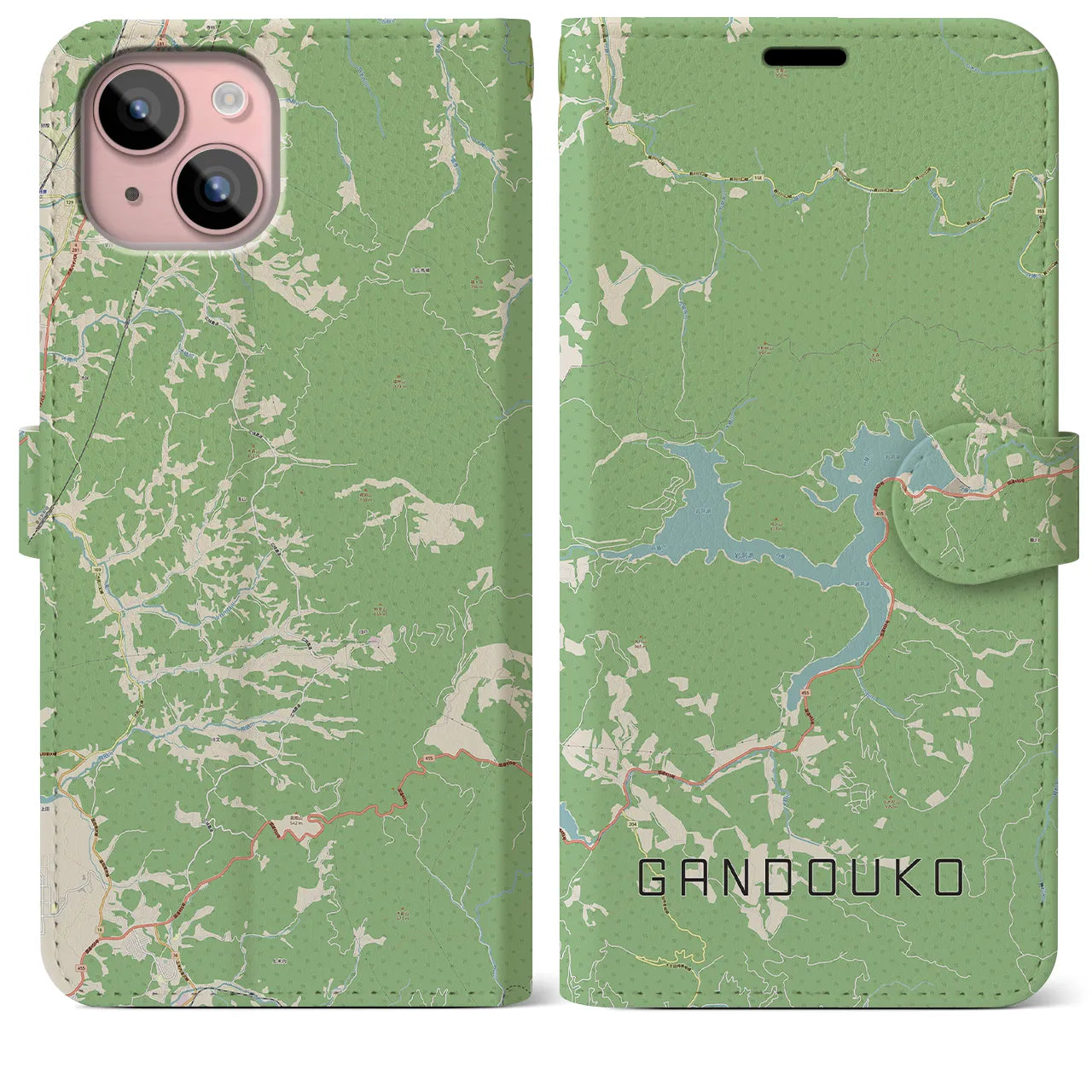 【岩洞湖(岩手県)】地図柄iPhoneケース(手帳タイプ)ナチュラル・iPhone 15 Plus 用