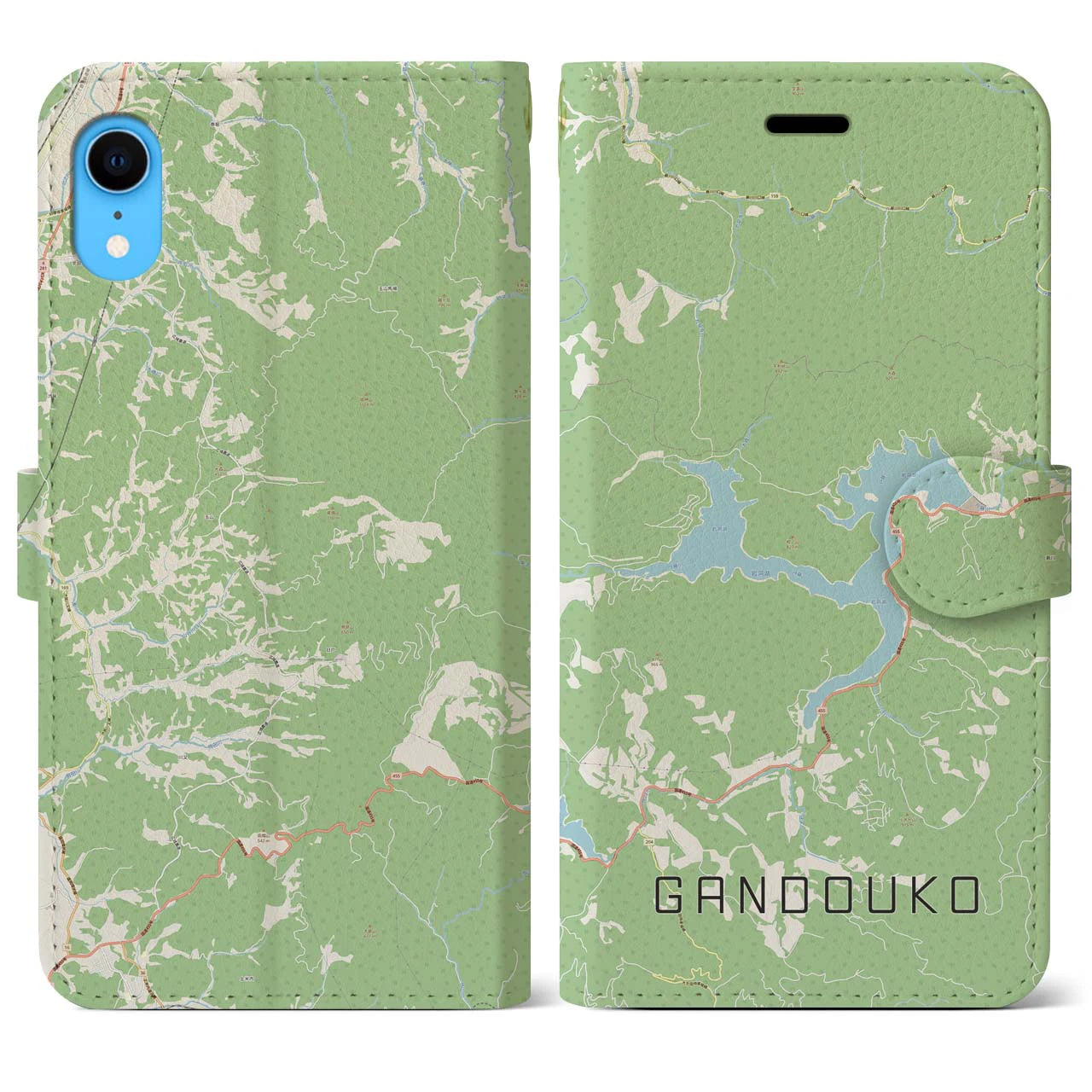 【岩洞湖(岩手県)】地図柄iPhoneケース(手帳タイプ)ナチュラル・iPhone XR 用