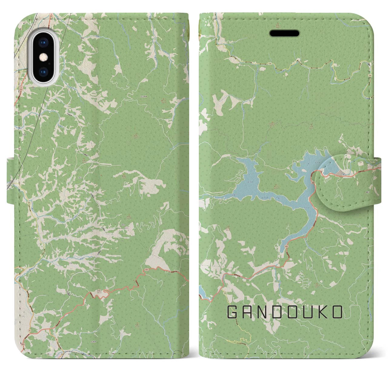 【岩洞湖(岩手県)】地図柄iPhoneケース(手帳タイプ)ナチュラル・iPhone XS Max 用