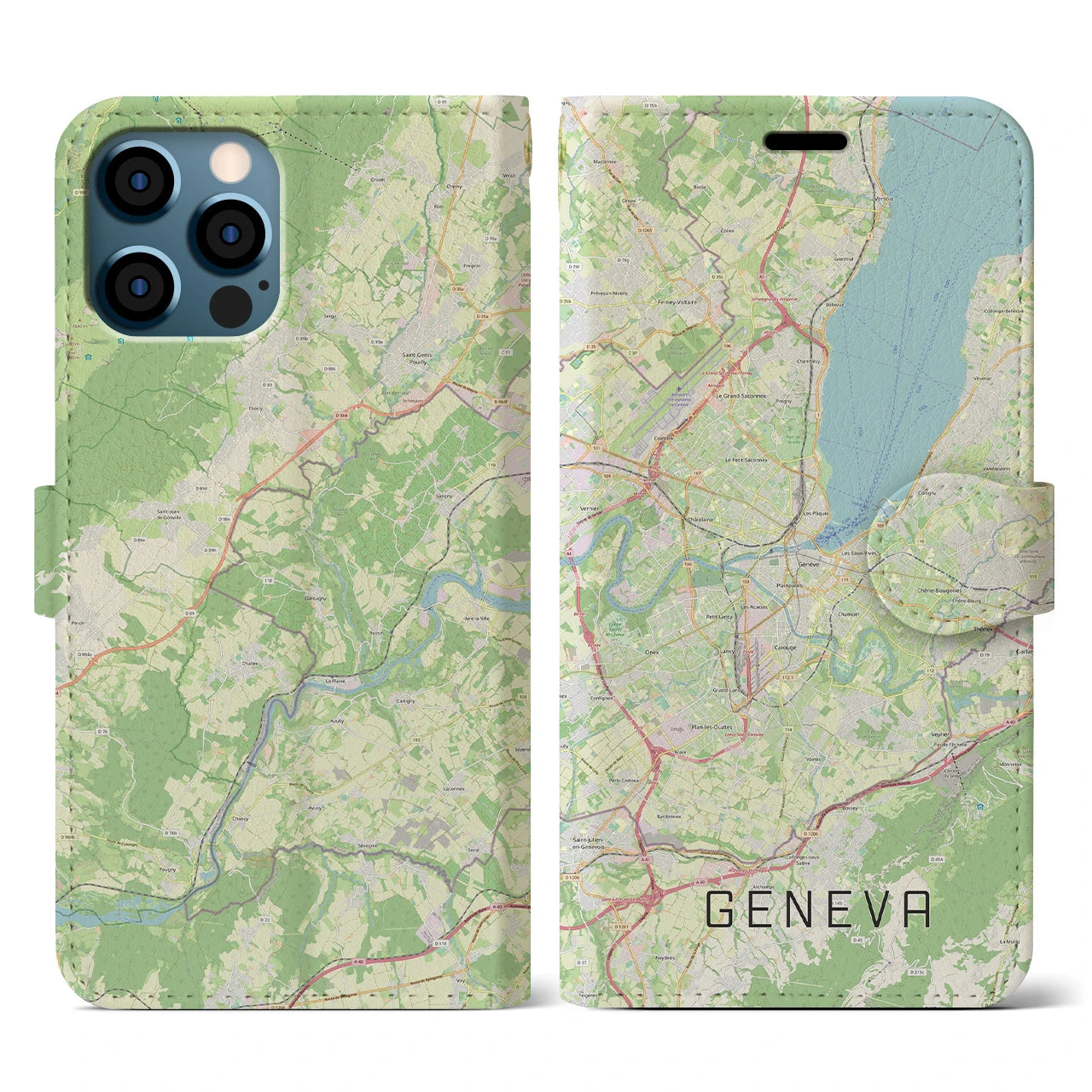 【ジュネーヴ(スイス)】地図柄iPhoneケース(手帳タイプ)ナチュラル・iPhone 12 / 12 Pro 用