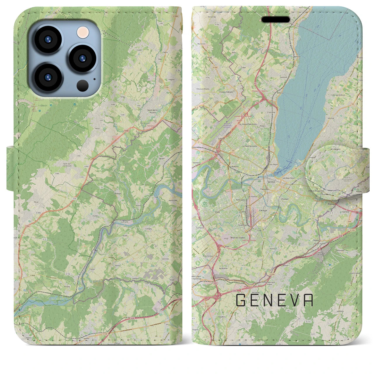 【ジュネーヴ(スイス)】地図柄iPhoneケース(手帳タイプ)ナチュラル・iPhone 13 Pro Max 用