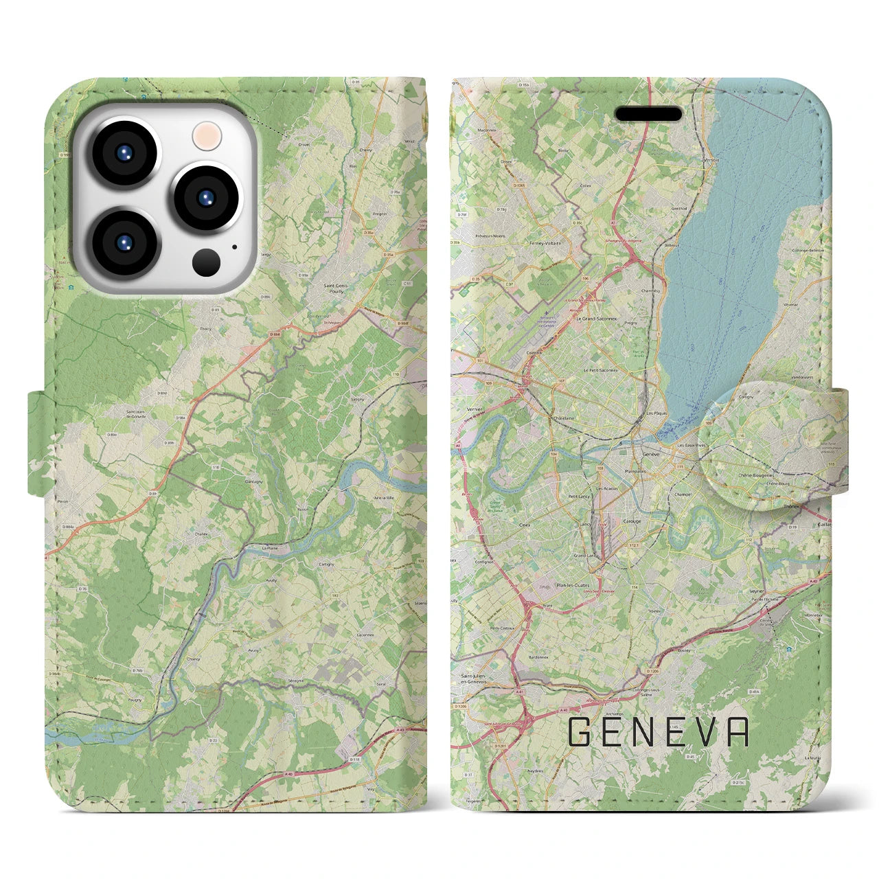 【ジュネーヴ(スイス)】地図柄iPhoneケース(手帳タイプ)ナチュラル・iPhone 13 Pro 用