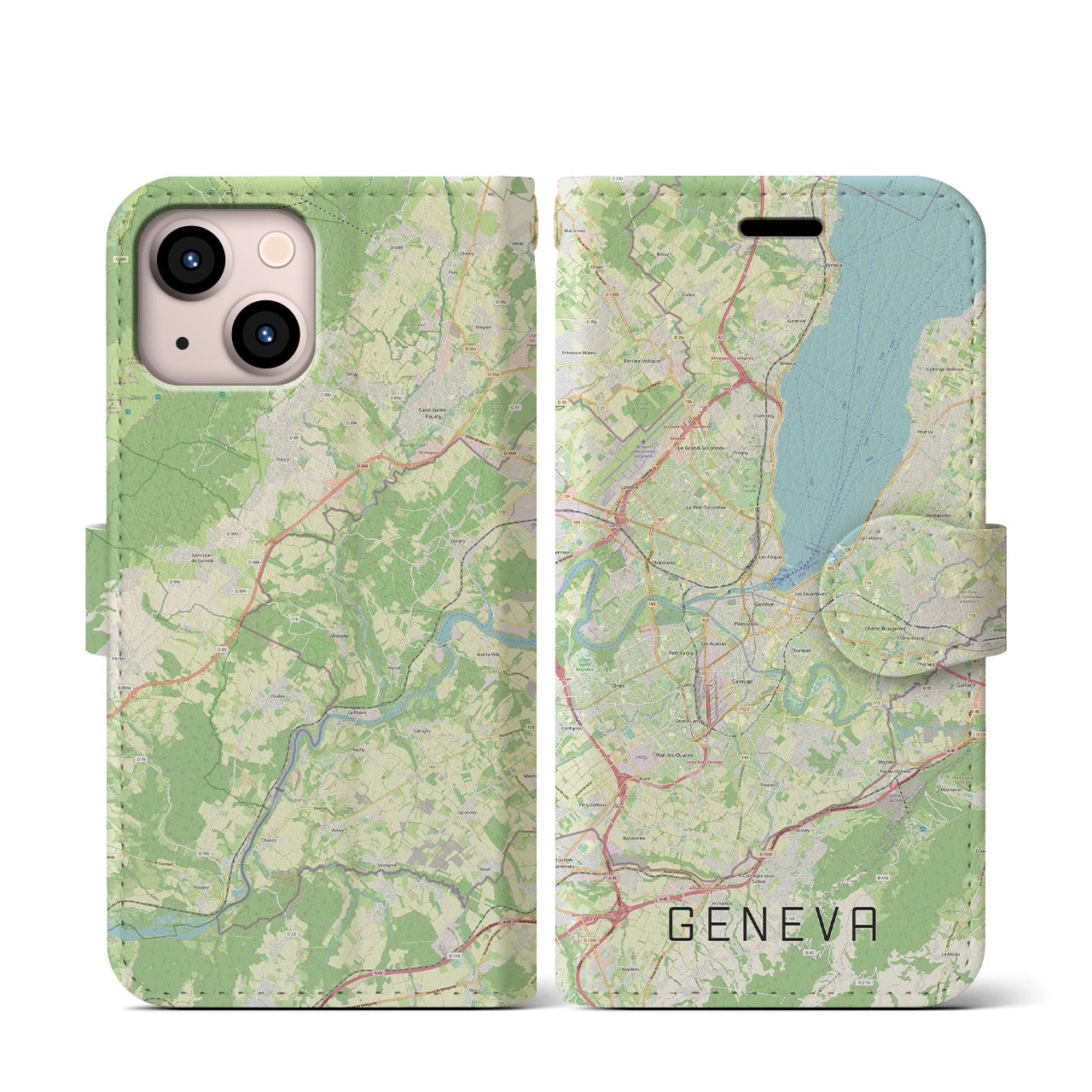 【ジュネーヴ(スイス)】地図柄iPhoneケース(手帳タイプ)ナチュラル・iPhone 13 mini 用