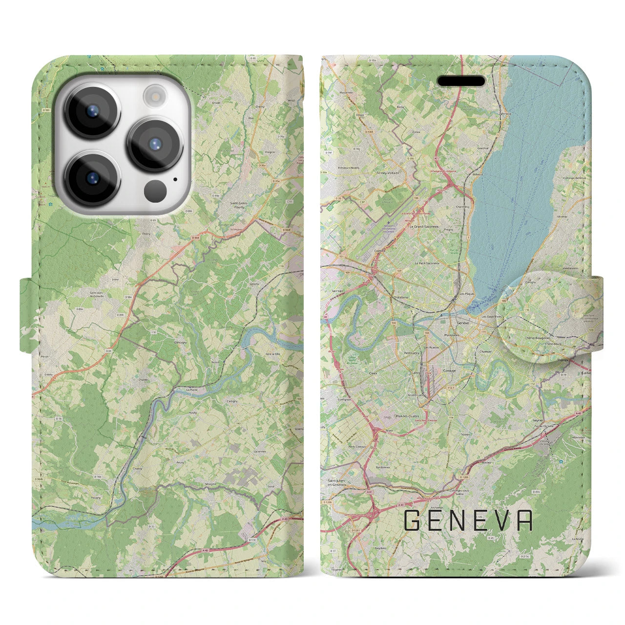 【ジュネーヴ(スイス)】地図柄iPhoneケース(手帳タイプ)ナチュラル・iPhone 14 Pro 用
