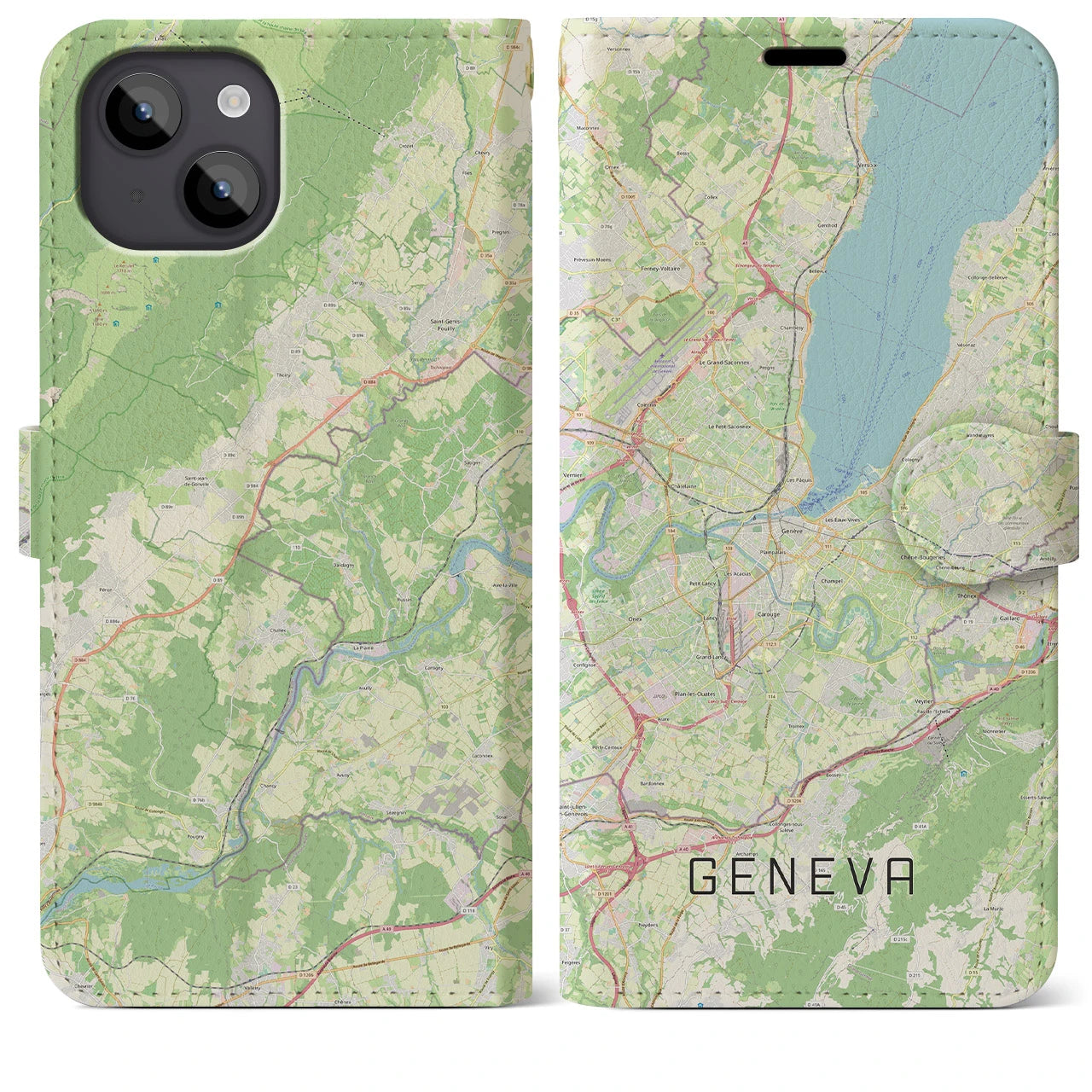 【ジュネーヴ(スイス)】地図柄iPhoneケース(手帳タイプ)ナチュラル・iPhone 14 Plus 用