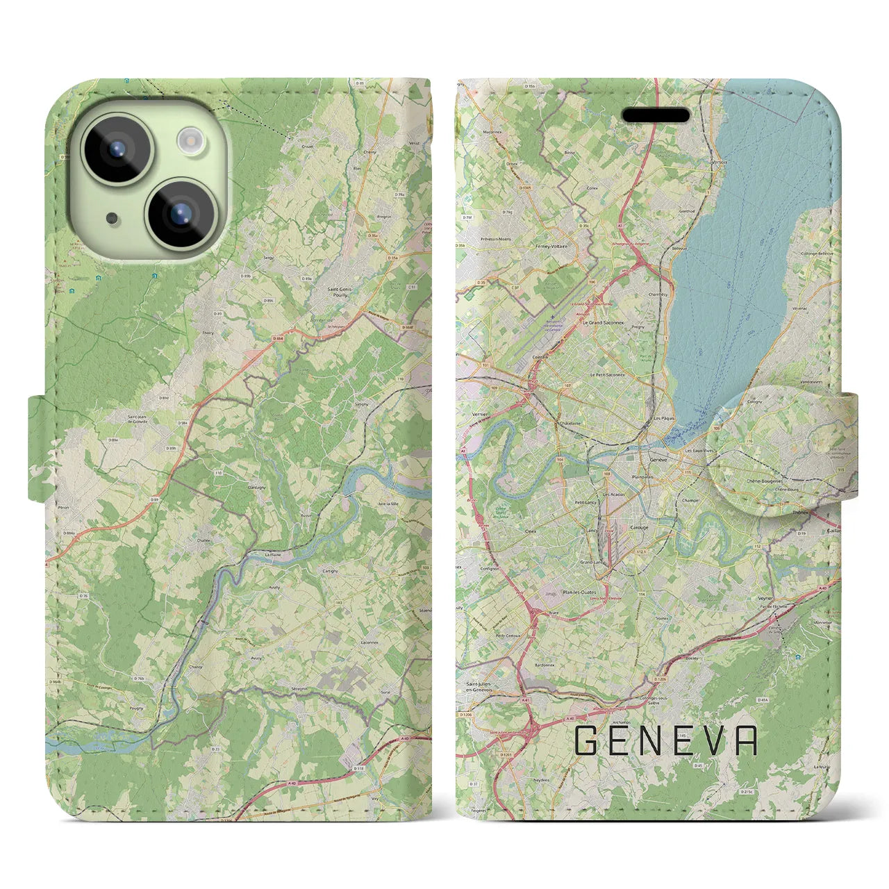 【ジュネーヴ(スイス)】地図柄iPhoneケース(手帳タイプ)ナチュラル・iPhone 15 用