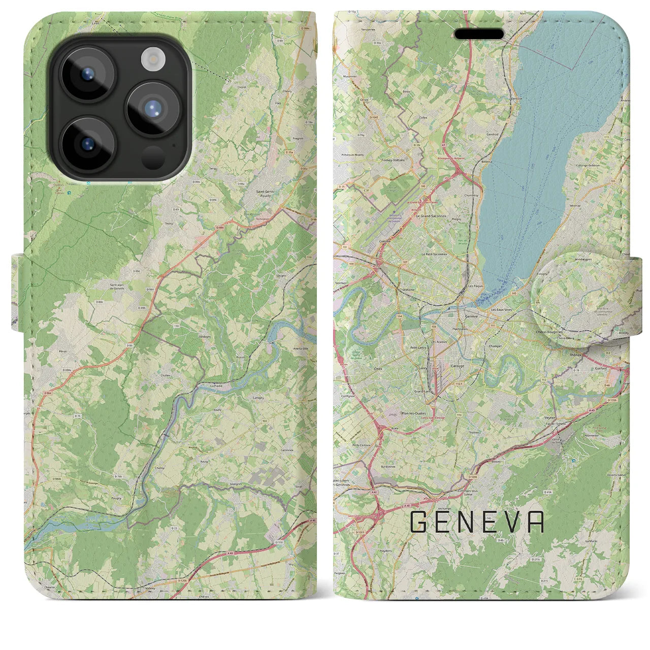 【ジュネーヴ(スイス)】地図柄iPhoneケース(手帳タイプ)ナチュラル・iPhone 15 Pro Max 用