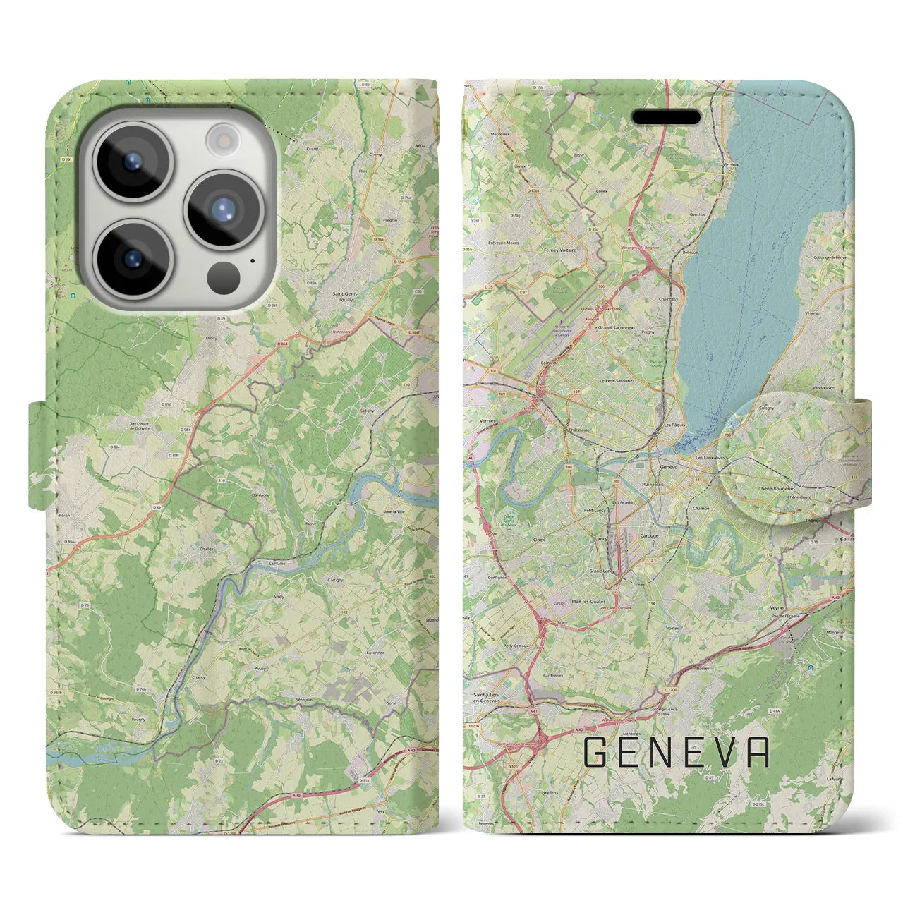 【ジュネーヴ(スイス)】地図柄iPhoneケース(手帳タイプ)ナチュラル・iPhone 15 Pro 用