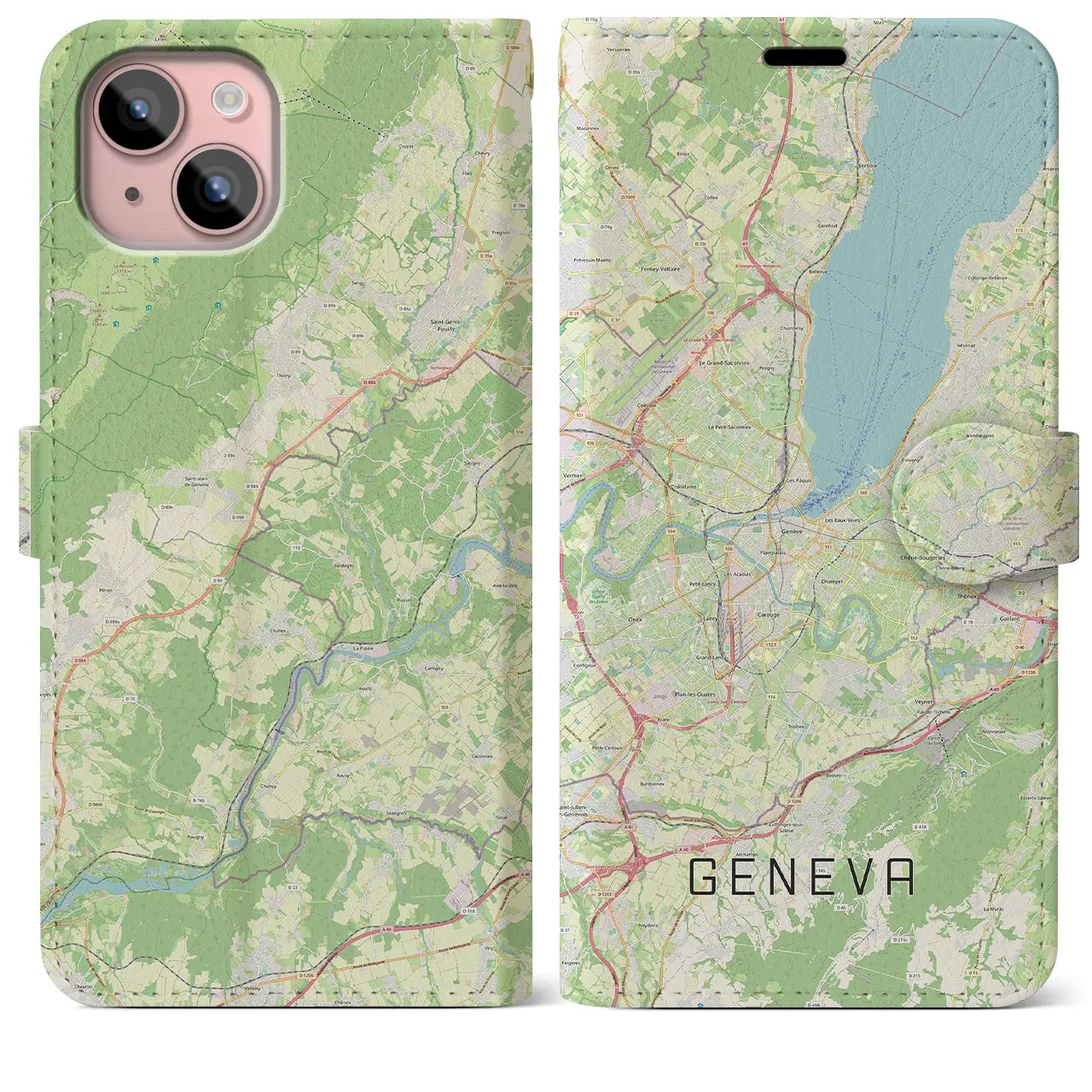 【ジュネーヴ(スイス)】地図柄iPhoneケース(手帳タイプ)ナチュラル・iPhone 15 Plus 用