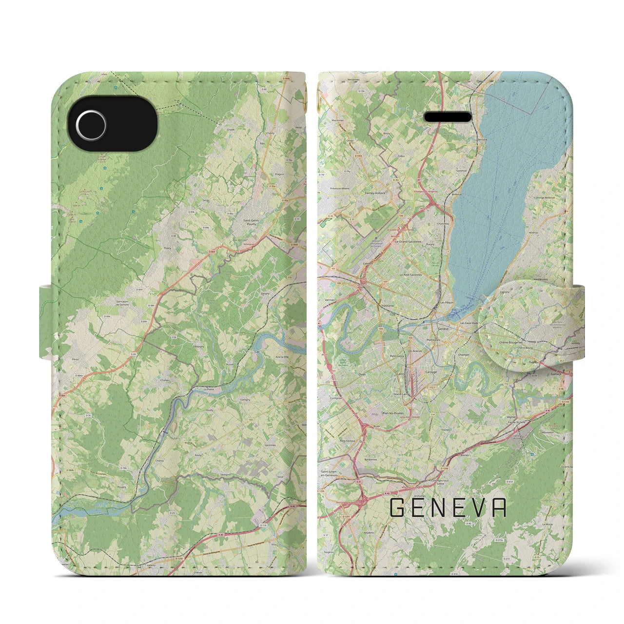 【ジュネーヴ(スイス)】地図柄iPhoneケース(手帳タイプ)ナチュラル・iPhone SE(第3 / 第2世代) / 8 / 7 / 6s / 6 用