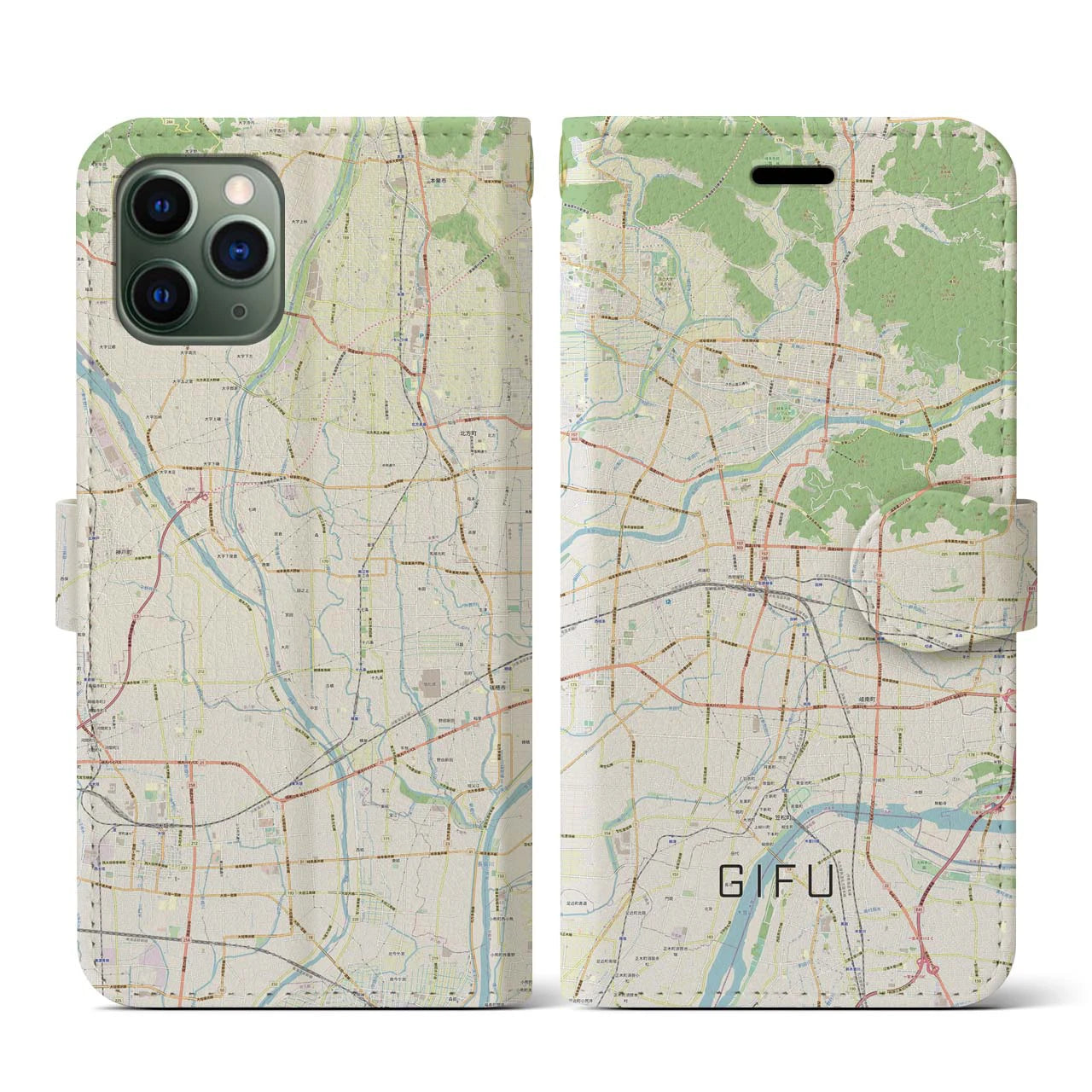 【岐阜(岐阜県)】地図柄iPhoneケース(手帳タイプ)ナチュラル・iPhone 11 Pro 用