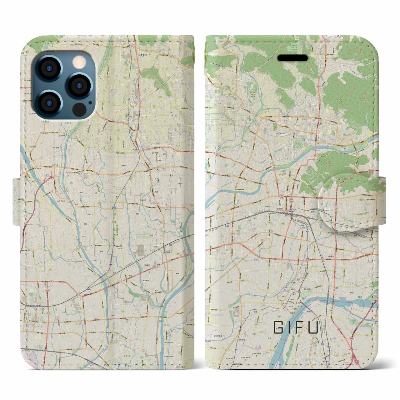 【岐阜(岐阜県)】地図柄iPhoneケース(手帳タイプ)ナチュラル・iPhone 12 / 12 Pro 用