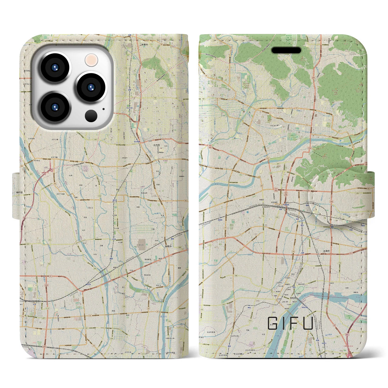 【岐阜(岐阜県)】地図柄iPhoneケース(手帳タイプ)ナチュラル・iPhone 13 Pro 用