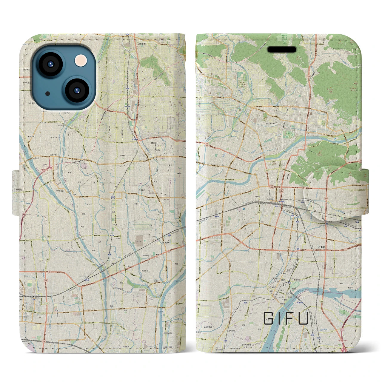 【岐阜(岐阜県)】地図柄iPhoneケース(手帳タイプ)ナチュラル・iPhone 13 用