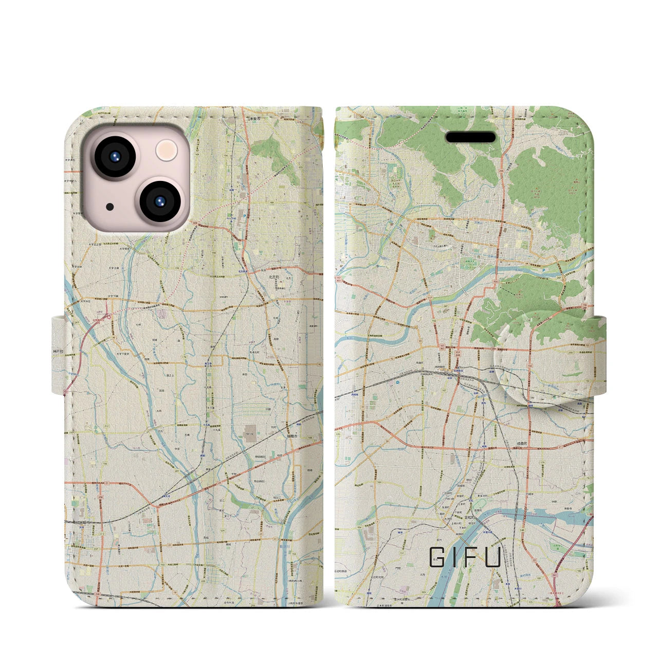 【岐阜(岐阜県)】地図柄iPhoneケース(手帳タイプ)ナチュラル・iPhone 13 mini 用