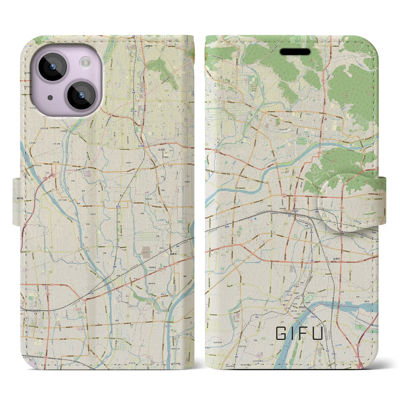 【岐阜(岐阜県)】地図柄iPhoneケース(手帳タイプ)ナチュラル・iPhone 14 用