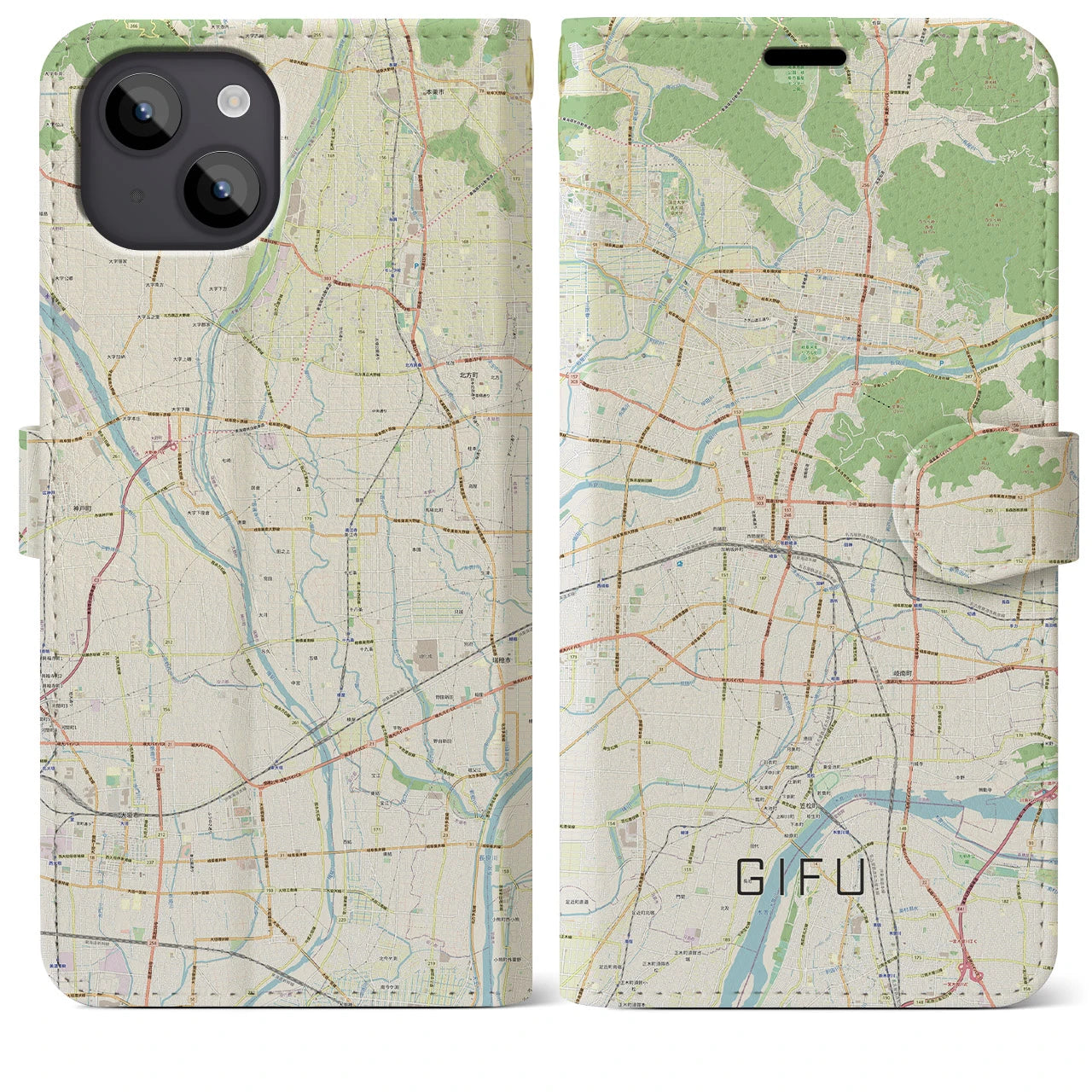 【岐阜(岐阜県)】地図柄iPhoneケース(手帳タイプ)ナチュラル・iPhone 14 Plus 用