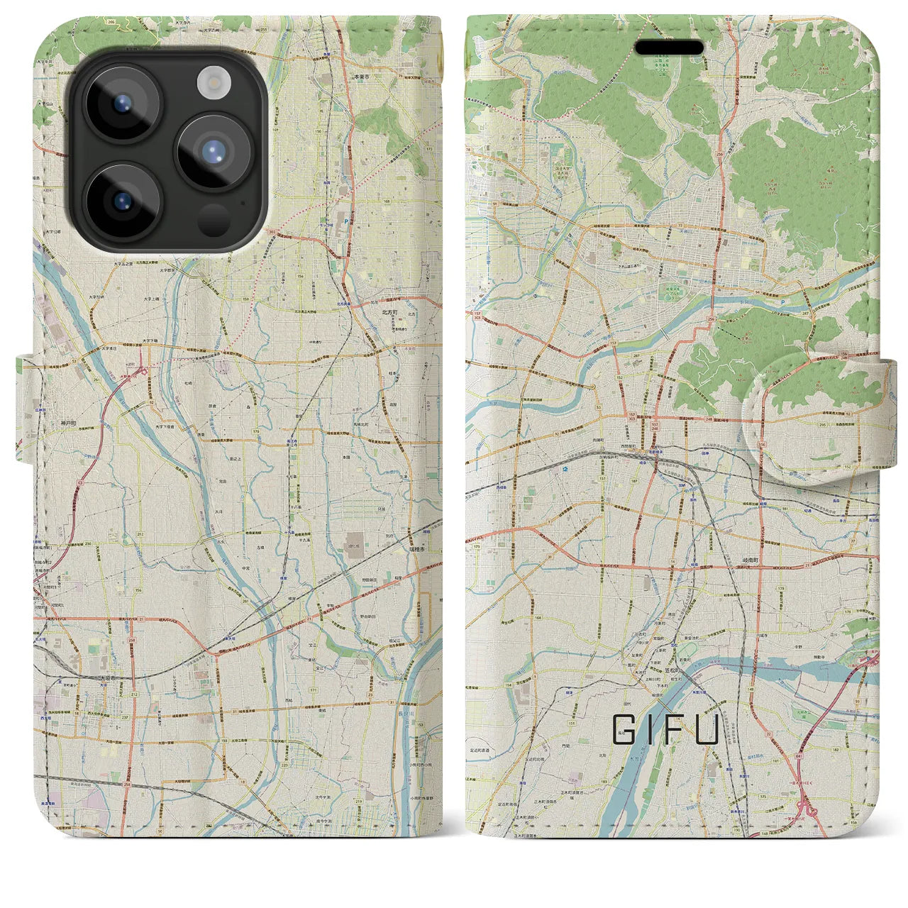 【岐阜(岐阜県)】地図柄iPhoneケース(手帳タイプ)ナチュラル・iPhone 15 Pro Max 用