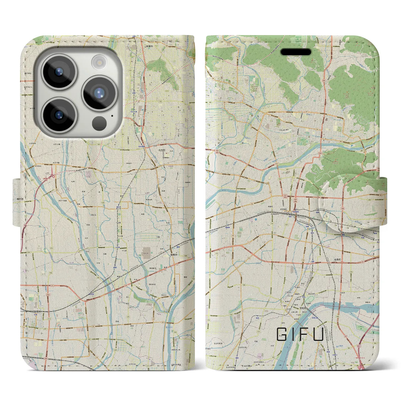【岐阜(岐阜県)】地図柄iPhoneケース(手帳タイプ)ナチュラル・iPhone 15 Pro 用