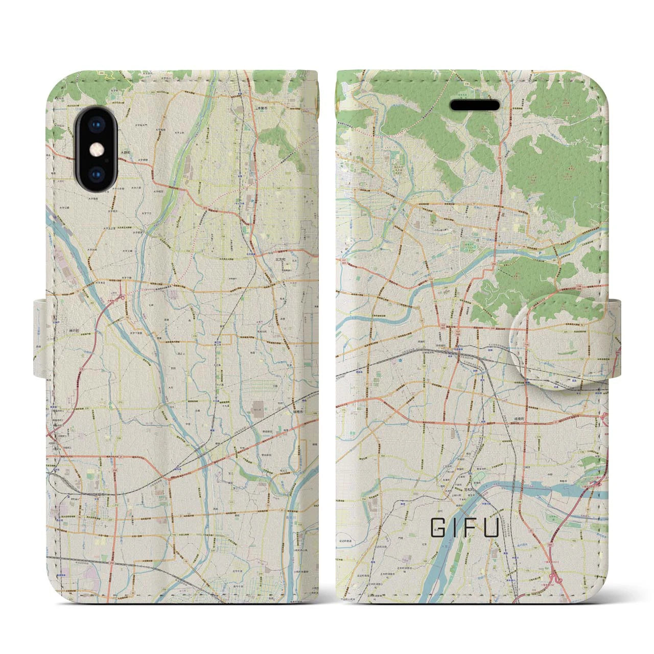 【岐阜(岐阜県)】地図柄iPhoneケース(手帳タイプ)ナチュラル・iPhone XS / X 用