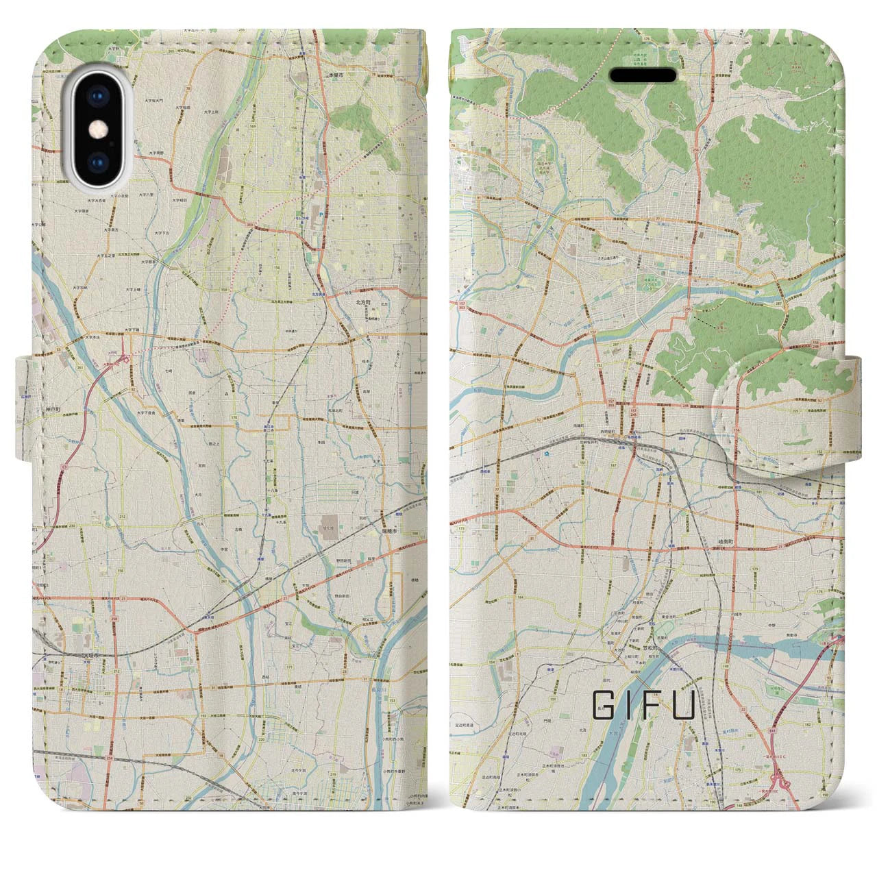 【岐阜(岐阜県)】地図柄iPhoneケース(手帳タイプ)ナチュラル・iPhone XS Max 用