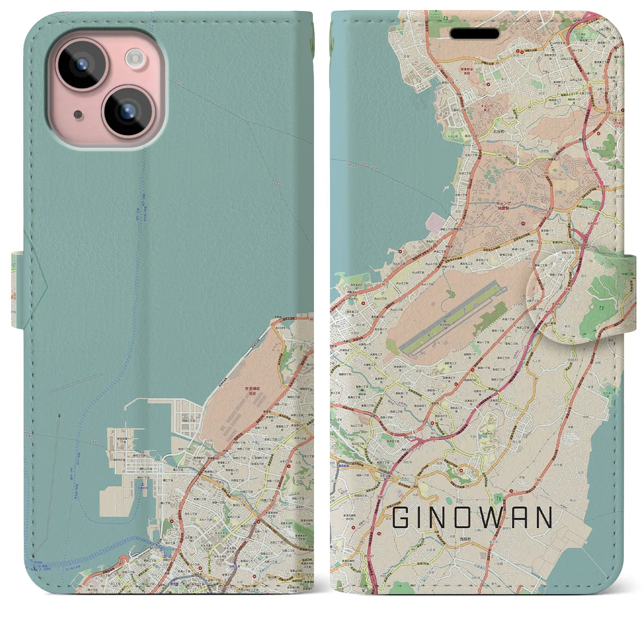 【宜野湾(沖縄県)】地図柄iPhoneケース(手帳タイプ)ナチュラル・iPhone 15 Plus 用