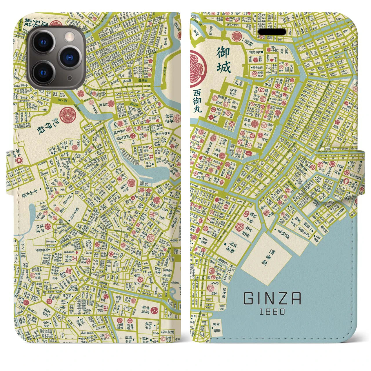 【銀座1860】地図柄iPhoneケース(手帳両面タイプ・ナチュラル)iPhone 11 Pro Max 用