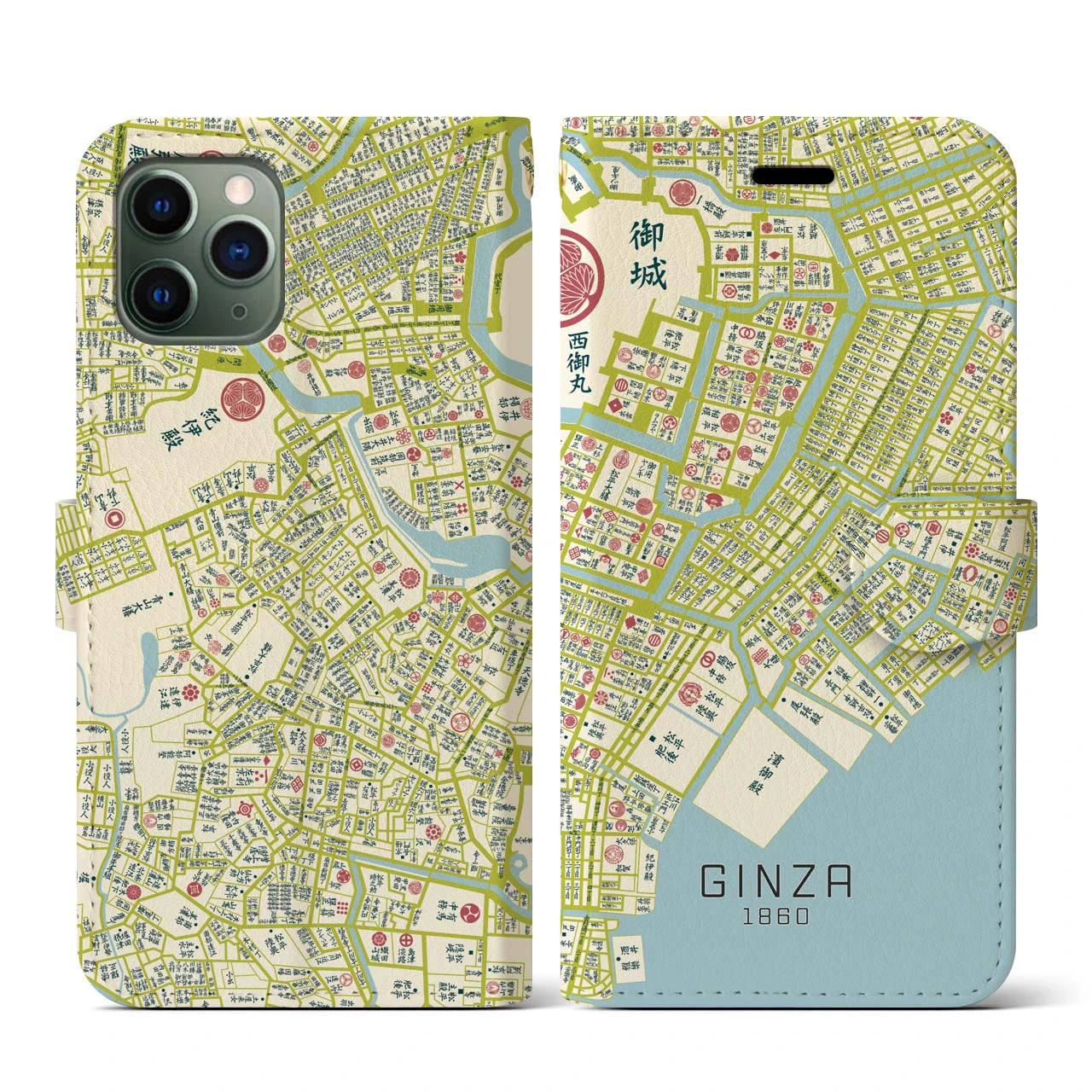 【銀座1860】地図柄iPhoneケース(手帳両面タイプ・ナチュラル)iPhone 11 Pro 用