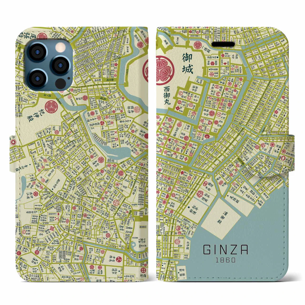 【銀座1860】地図柄iPhoneケース(手帳両面タイプ・ナチュラル)iPhone 12 / 12 Pro 用