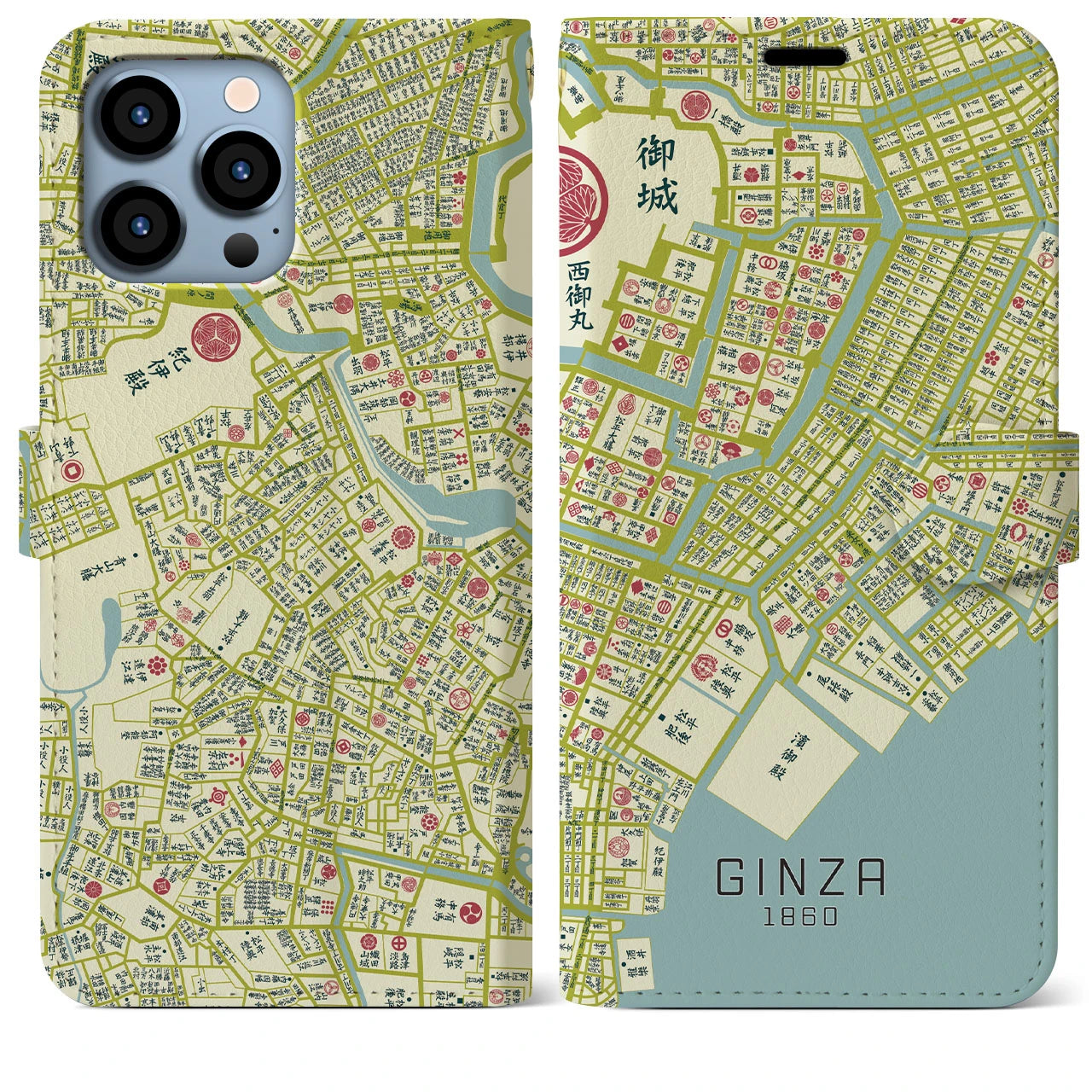 【銀座1860】地図柄iPhoneケース(手帳両面タイプ・ナチュラル)iPhone 13 Pro Max 用