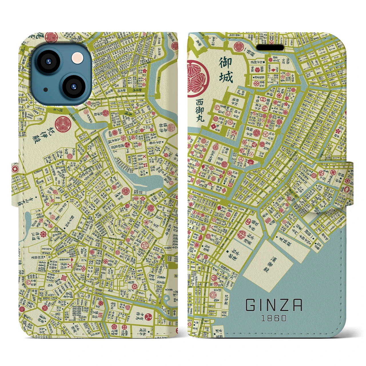 【銀座1860】地図柄iPhoneケース(手帳両面タイプ・ナチュラル)iPhone 13 用