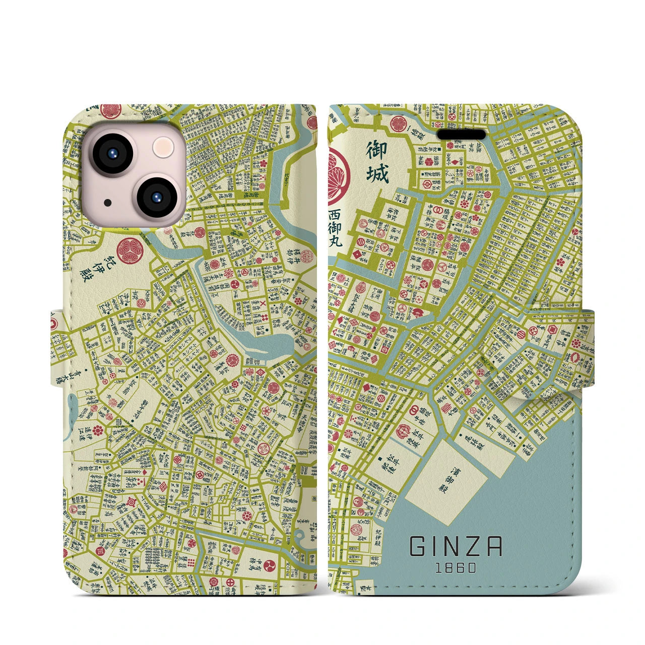 【銀座1860】地図柄iPhoneケース(手帳両面タイプ・ナチュラル)iPhone 13 mini 用