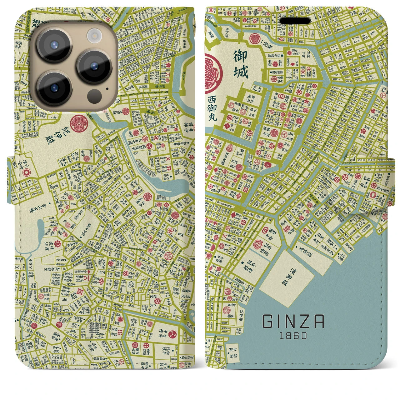 【銀座1860】地図柄iPhoneケース(手帳両面タイプ・ナチュラル)iPhone 14 Pro Max 用