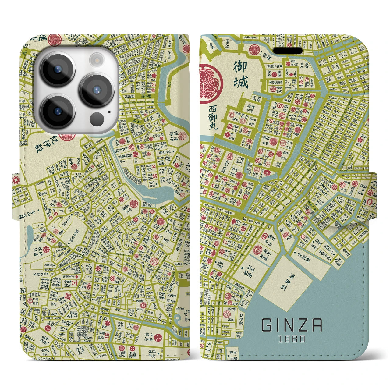 【銀座1860】地図柄iPhoneケース(手帳両面タイプ・ナチュラル)iPhone 14 Pro 用