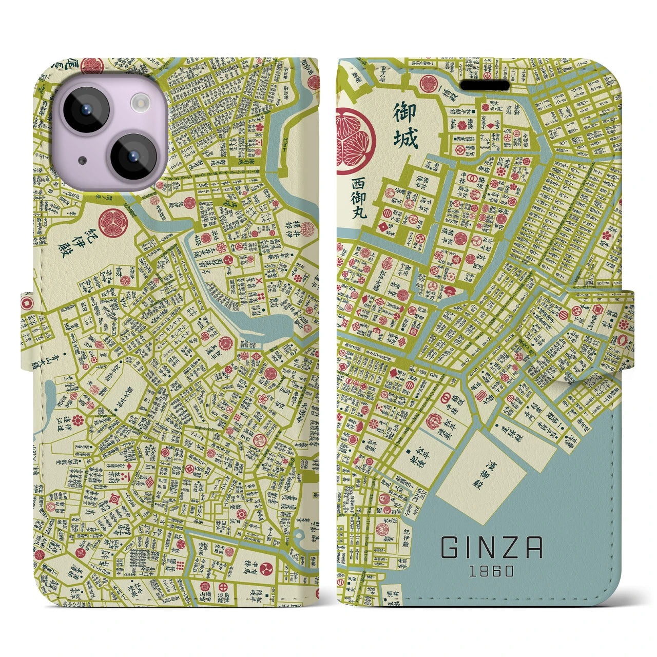 【銀座1860】地図柄iPhoneケース(手帳両面タイプ・ナチュラル)iPhone 14 用