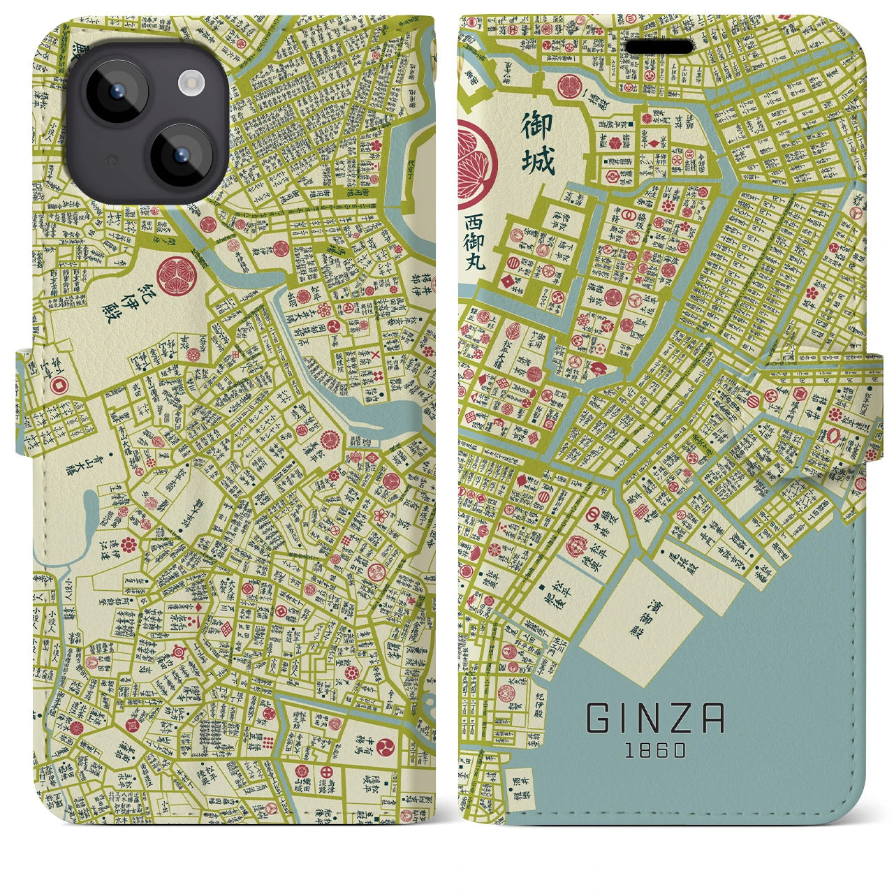 【銀座1860】地図柄iPhoneケース(手帳両面タイプ・ナチュラル)iPhone 14 Plus 用