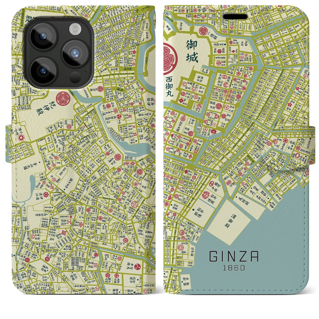 【銀座1860】地図柄iPhoneケース(手帳両面タイプ・ナチュラル)iPhone 15 Pro Max 用