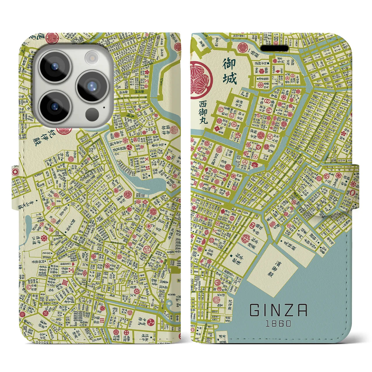 【銀座1860】地図柄iPhoneケース(手帳両面タイプ・ナチュラル)iPhone 15 Pro 用