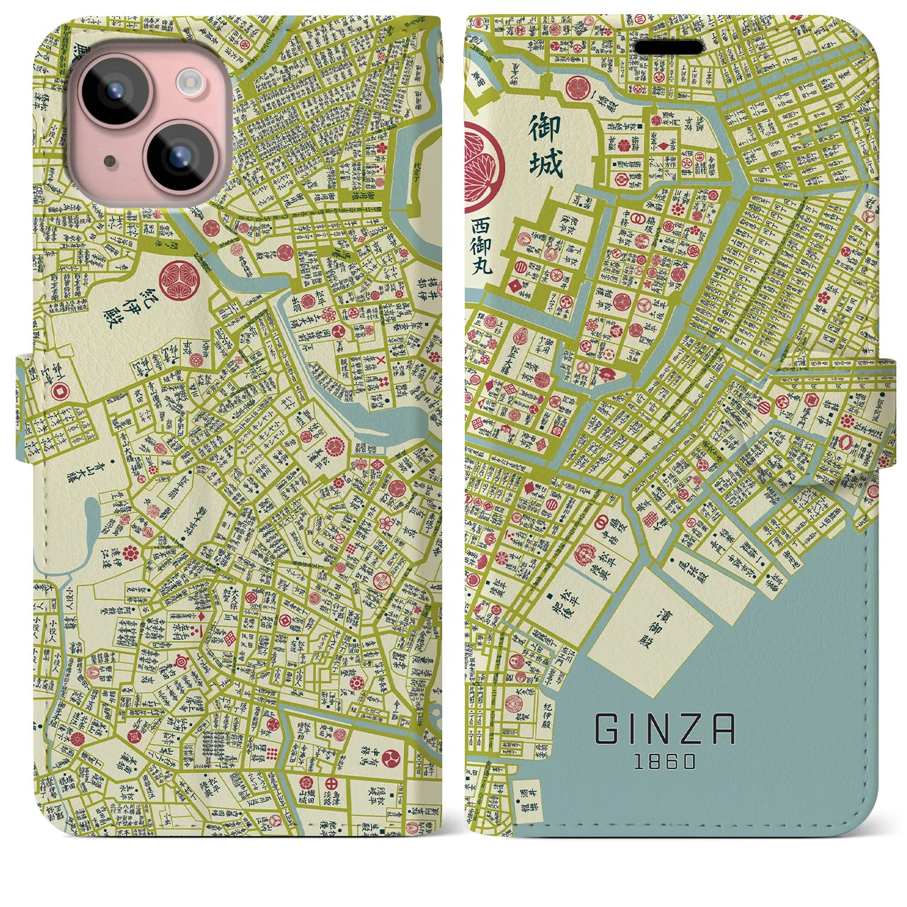 【銀座1860】地図柄iPhoneケース(手帳両面タイプ・ナチュラル)iPhone 15 Plus 用