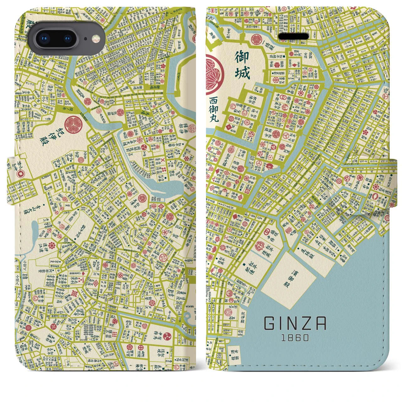 【銀座1860】地図柄iPhoneケース(手帳両面タイプ・ナチュラル)iPhone 8Plus /7Plus / 6sPlus / 6Plus 用