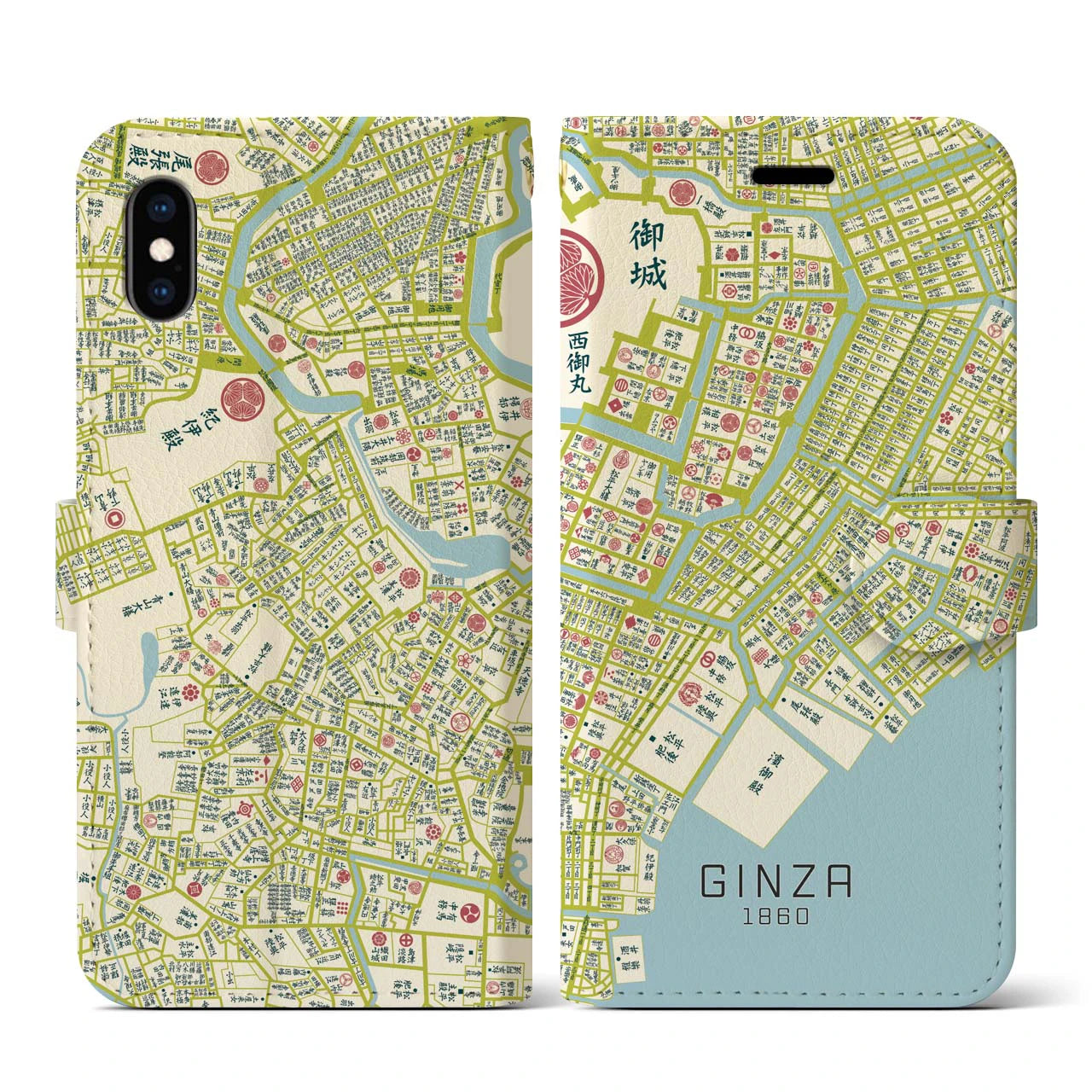 【銀座1860】地図柄iPhoneケース(手帳両面タイプ・ナチュラル)iPhone XS / X 用