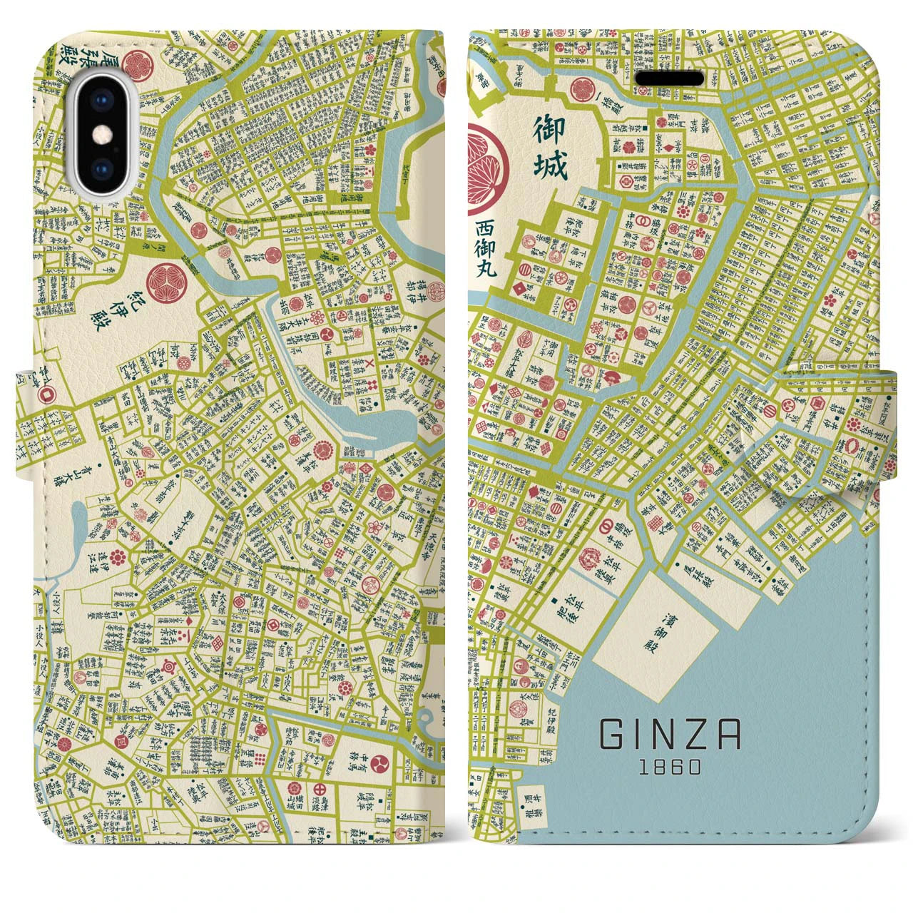 【銀座1860】地図柄iPhoneケース(手帳両面タイプ・ナチュラル)iPhone XS Max 用